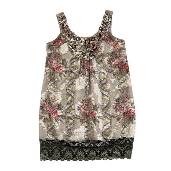 Anna Sui Floral Beaded Lace Trim Jacquard Shift Dress Multicolor 6 Boho Artsy - Picture 3 of 14